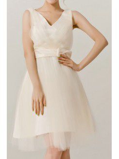 Organza V-neck Short A-line Evening Dress with Bow