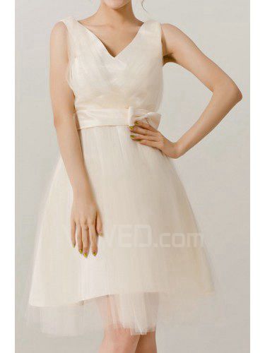 Organza V-neck Short A-line Evening Dress with Bow