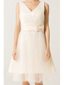 Organza V-neck Short A-line Evening Dress with Bow