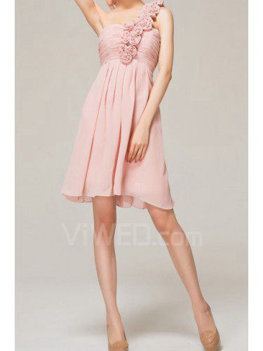 Chiffon One Shoulder Short Empire Evening Dress with Handmade Flowers