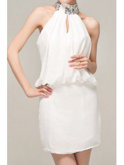 Chiffon Halter Short Column Evening Dress with Crystal