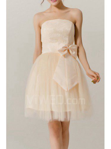 Organza strapless curto vestido de baile vestido de noite com arco