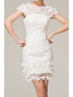 Lace Jewel Short Sheath Evening Dress with Handmade Flowers