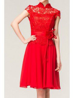 Chiffon High Collar Short Corset Evening Dress with Handmade Flowers