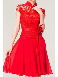 Chiffon High Collar Short Corset Evening Dress with Handmade Flowers