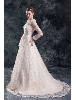 Lace Jewel Sweep Train A-line Three-quarter Sleeves Wedding Dress