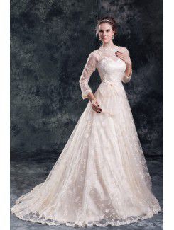 Lace Jewel Sweep Train A-line Three-quarter Sleeves Wedding Dress