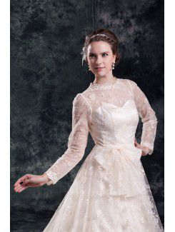 Lace Jewel Sweep Train A-line Three-quarter Sleeves Wedding Dress