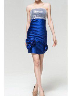 Satin Strapless Short Sheath Evening Dress with Handmade Flowers