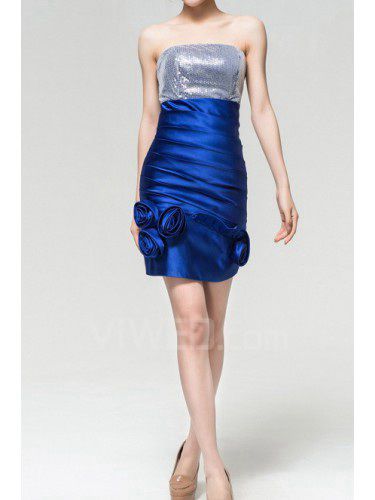 Satin Strapless Short Sheath Evening Dress with Handmade Flowers