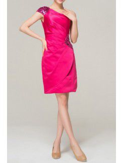 Chiffon One Shoulder Short Sheath Evening Dress with Crystal