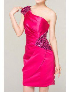 Chiffon One Shoulder Short Sheath Evening Dress with Crystal