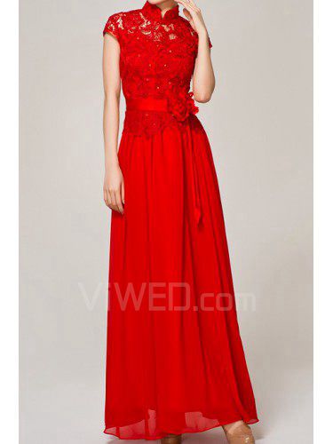 Lace High Collar Floor Length A-line Prom Dress with Handmade Flowers