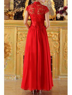 Chiffon and Lace High Collar Floor Length Corset Prom Dress with Handmade Flowers