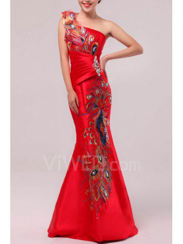 Satin One Shoulder Floor Length Mermaid Prom Dress with Crystal