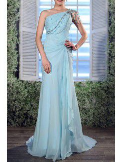 Chiffon One Shoulder Sweep Train Sheath Prom Dress with Sequins