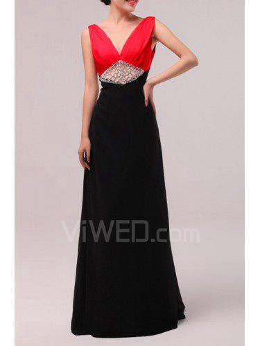 Chiffon V-neck Floor Length A-line Prom Dress with Crystal