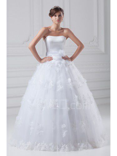 Organza and Satin Scoop Floor Length A-line Embroidered Wedding Dress