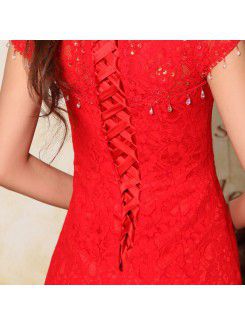 Lace High Collar Floor Length A-line Prom Dress with Beading