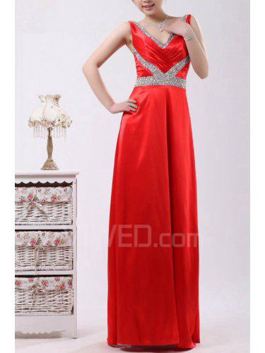 Satin V-neck Floor Length Empire Prom Dress with Sequins