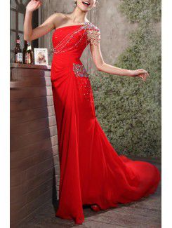 Chiffon One Shoulder Sweep Train Sheath Prom Dress with Sequins