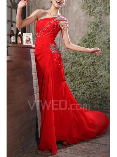 Chiffon One Shoulder Sweep Train Sheath Prom Dress with Sequins