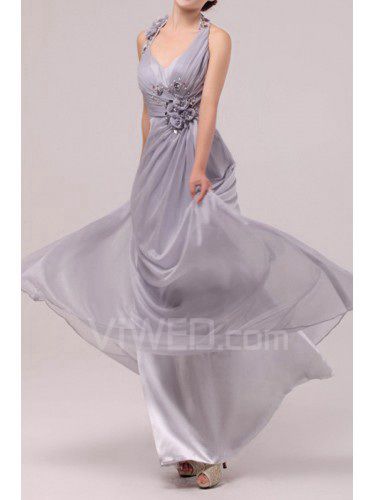 Satin and Chiffon Halter Floor Length A-line Prom Dress with Sequins