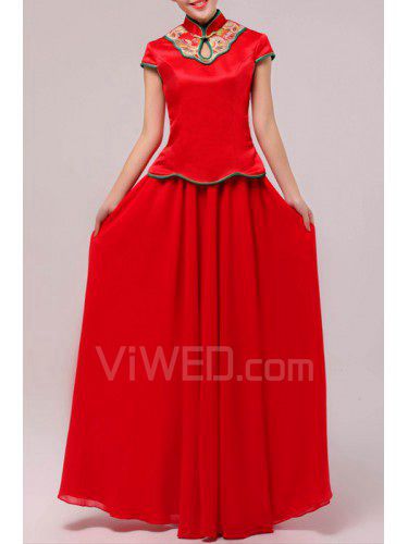 Chiffon High Collar Floor Length A-line Prom Dress with Embroidered