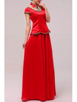 Chiffon High Collar Floor Length A-line Prom Dress with Embroidered