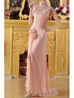 Lace High Collar Floor Length Sheath Prom Dress with Handmade Flowers