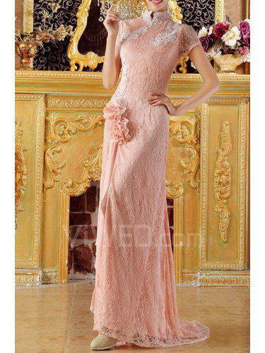 Lace High Collar Floor Length Sheath Prom Dress with Handmade Flowers