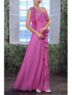 Chiffon een schouder vloer lengte empire prom jurk met kralen