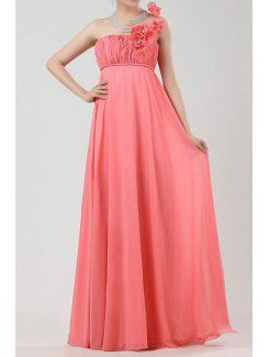 Chiffon een schouder vloer lengte empire prom jurk met handgemaakte bloemen