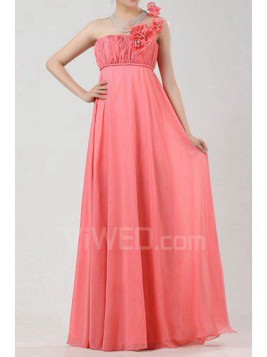 Chiffon een schouder vloer lengte empire prom jurk met handgemaakte bloemen