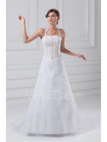 Organza e raso senza spalline lunghezza piano a-line abito da sposa ricamato