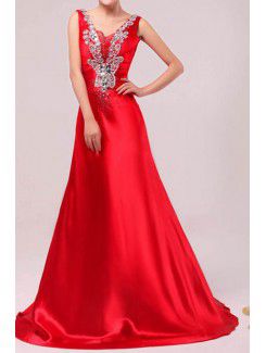 Satin V-neck Chapel Train A-line Prom Dress with Crystal