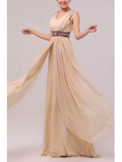 Chiffon V-neck Floor Length Empire Prom Dress with Sequins