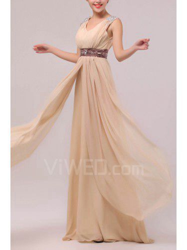 Chiffon V-neck Floor Length Empire Prom Dress with Sequins