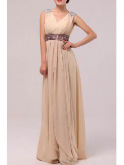 Chiffon V-neck Floor Length Empire Prom Dress with Sequins