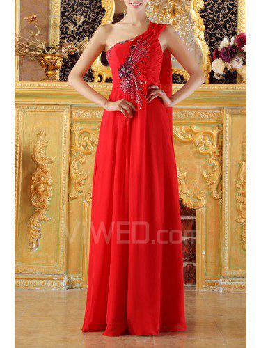 Chiffon een schouder vloer lengte empire prom jurk met handgemaakte bloemen