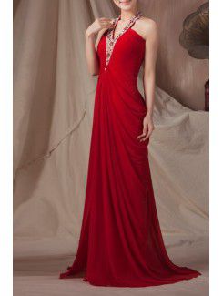 Silk V-neck Sweep Train Column Prom Dress with Beading