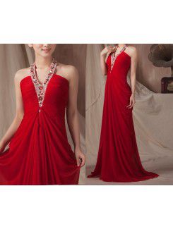 Silk V-neck Sweep Train Column Prom Dress with Beading