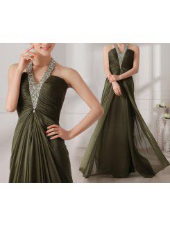 Silk V-neck Sweep Train Column Prom Dress with Beading