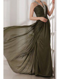 Silk V-neck Sweep Train Column Prom Dress with Beading