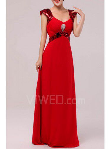 Chiffon V-neck Floor Length Empire Prom Dress with Sequins