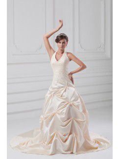 Satin Halter Sweep Train A-line Embroidered Wedding Dress