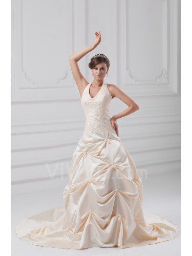 Satin Halter Sweep Train A-line Embroidered Wedding Dress