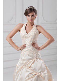 Satin Halter Sweep Train A-line Embroidered Wedding Dress