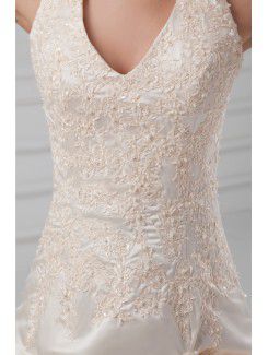 Satin Halter Sweep Train A-line Embroidered Wedding Dress