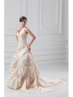 Satin Halter Sweep Train A-line Embroidered Wedding Dress